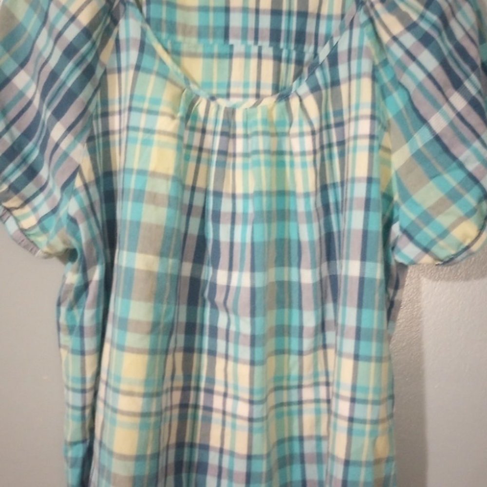 Plaid elastic hem short sleeve top
